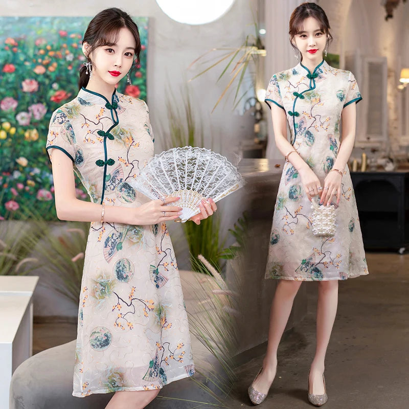 Fashion Modern Chinese Cheongsam A-line Dress Women Short Sleeve Qipao Traditional Chinese Clothes - Seprincess