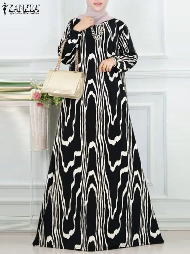 ZANZEA Muslim Women's Dress Elegant Printing Long Sleeve O-Neck Party Long Dresses Casual Islamic Turkey Abaya Hijab Kaftan Robe - Seprincess