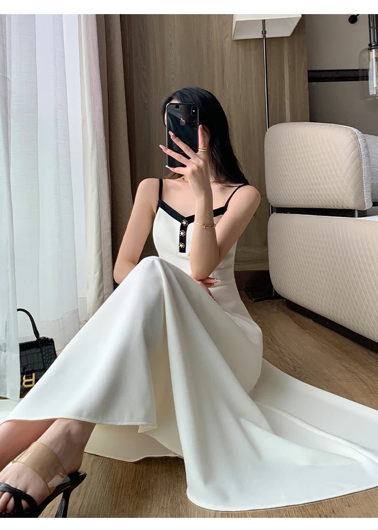 Fashion Korean Women Elegant Casual Dress Set Vintage Crop Jackets Sleeveless A-Line Strap Dress Two Pieces Set Female Clothes - Seprincess