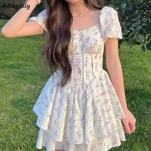 Preppy Style Dresses for Women Lovely Girls Fashion Floral Design Mini Sweet Chic Korean Young Summer Clothing All-match Casual - Seprincess