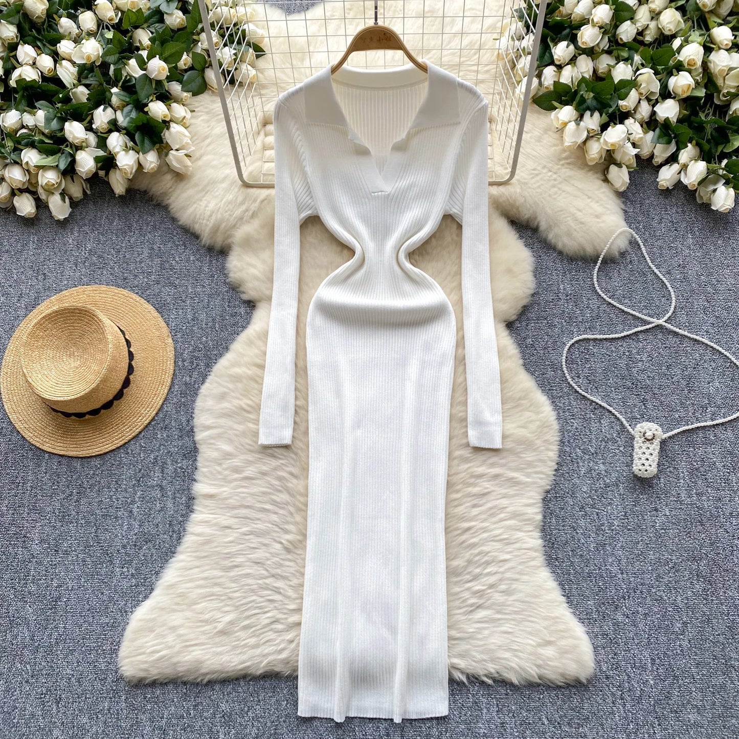 SINGREINY French Vintage Sweater Dress 2024 Ladies Lapel Long Sleeves Autumn Fashion Solid Basics Bodycon Knitted Long Dress - Seprincess