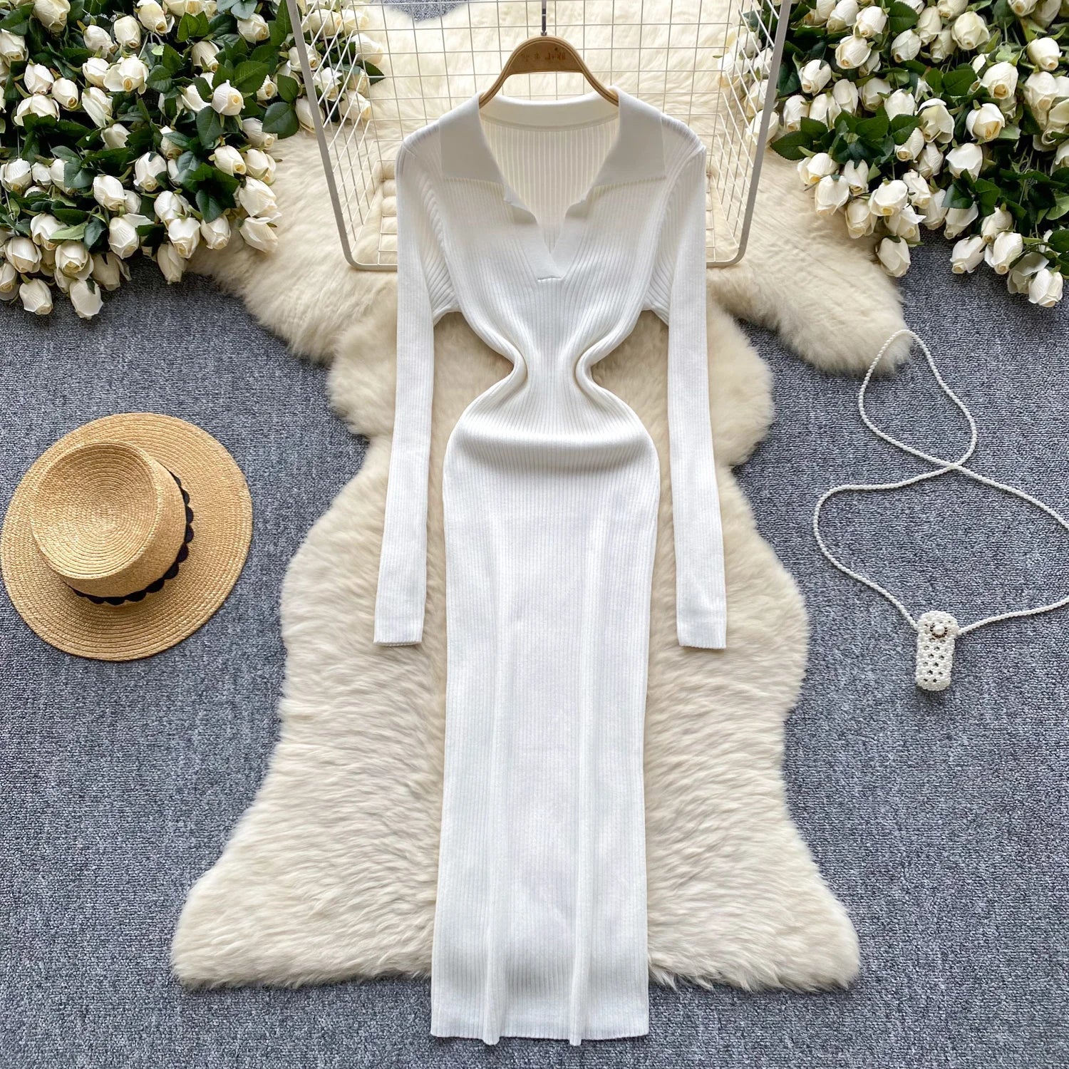 SINGREINY French Vintage Sweater Dress 2024 Ladies Lapel Long Sleeves Autumn Fashion Solid Basics Bodycon Knitted Long Dress - Seprincess