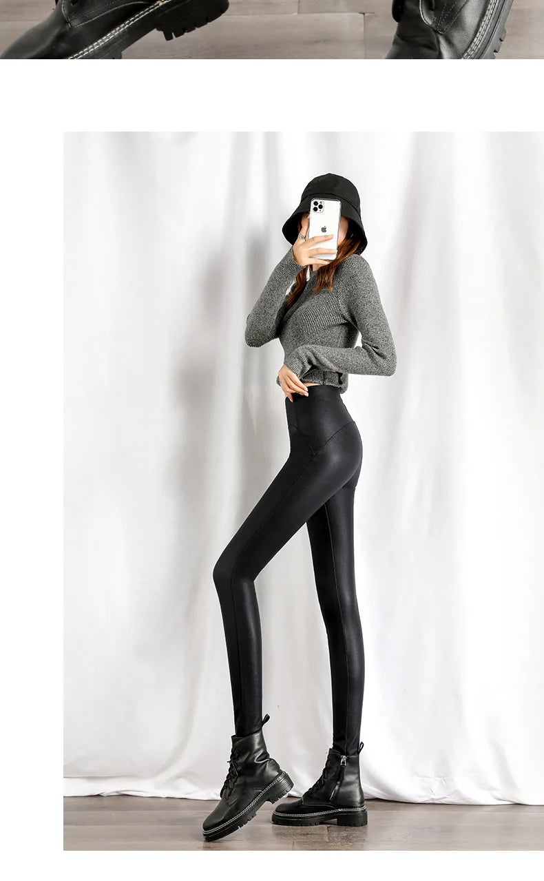 Women Faux Leather Leggings Slim Autumn Winter Letter Fashion High Waist Tight Warm Thin Velvet PU Leather Pants for Women 2024