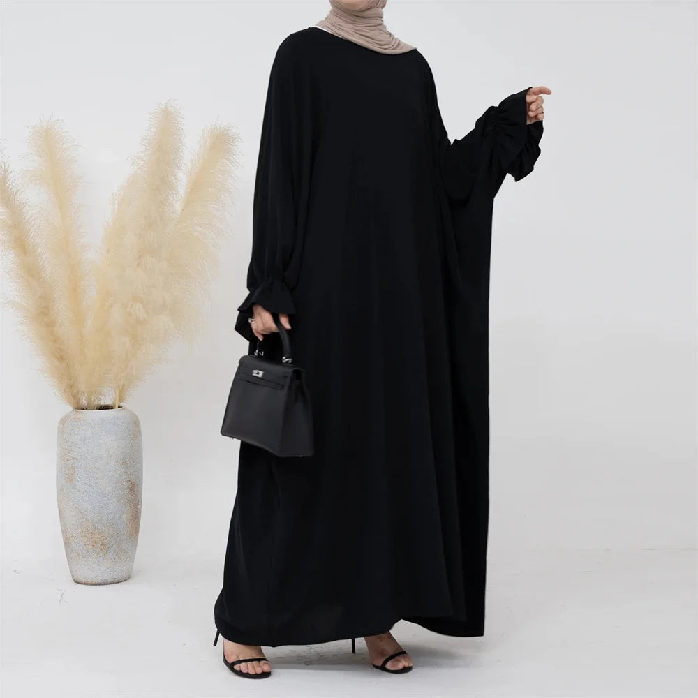 Modest Butterfly Jazz Crepe Abaya EID Ramadan Dubai Islamic Clothing Traditional Muslim Prayer Dresses Abaya with Ruffle Sleeve - Seprincess