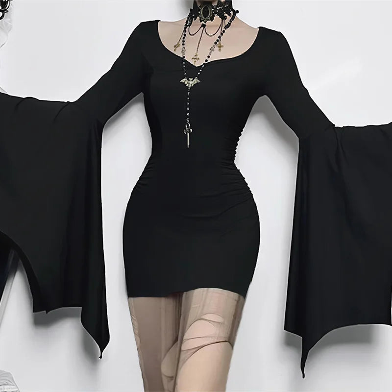 goth dark Cospaly Partywear Women Fashion Batwing Sleeve Mini Dress Elegant Slim Pleat Bodycon Dresses Mall Gothic Alt Teachwear - Seprincess