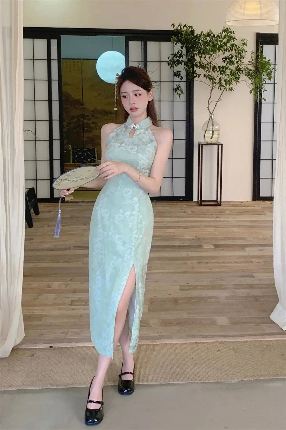 Women New Cheongsam Style Improved Qipao Dress Children's Summer Small Long Print Hanging Neck Off Shoulder Dress - Seprincess