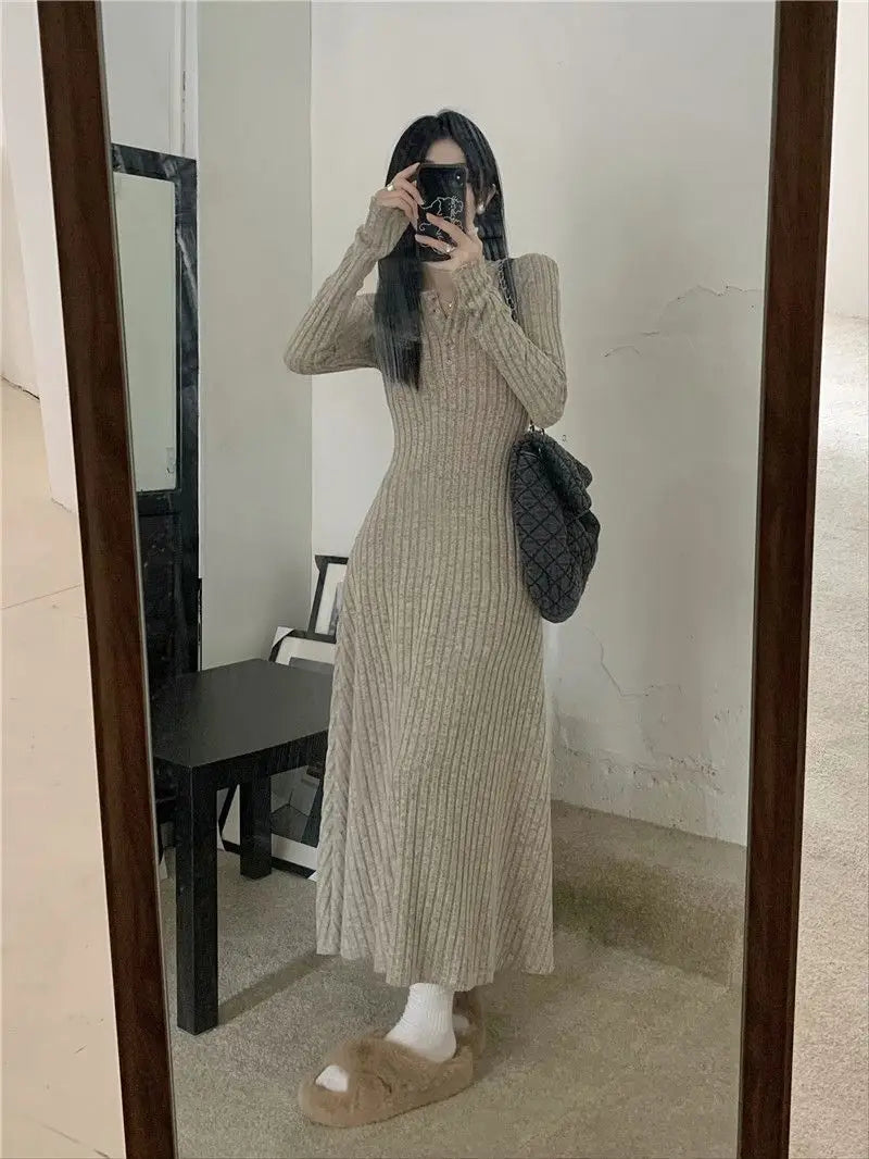 2024 Korean High-end Knitted Dress for Women Autumn/Winter Slim Fit Fashionable Versatile Long-sleeved Woolen Dress for Women - Seprincess