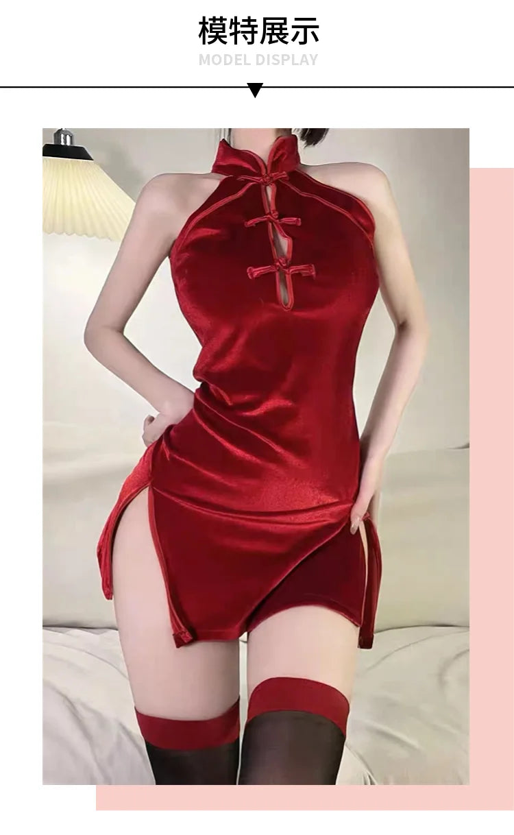 Women Qipao Velvet Wrap Buttocks Dress High Slit Thin Sleeveless Red Black Cheongsam Chinese Chinoiserie High Waist A-line - Seprincess