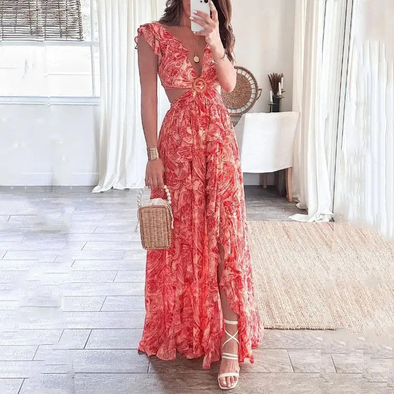 2024European And American Clothing Summer Fashion New Printed Hot Girl Style Deep V Sexy Waist-exposed Long Pleated Casual Dress - Seprincess