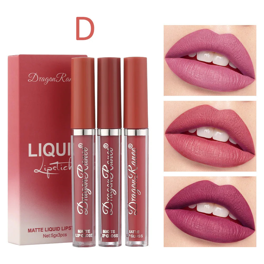 Dragon Ranee Set of 3pcs Velvet Lip Glaze Matte Lipstick Soya Lasting Lip Colour - Seprincess