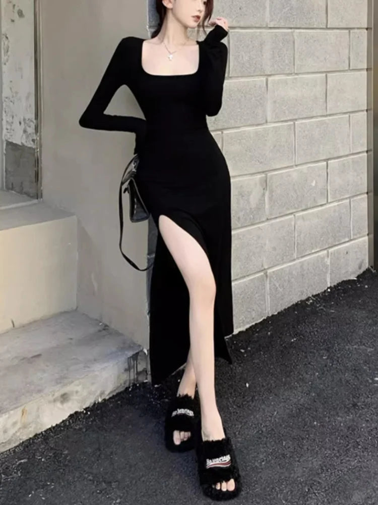 Sexy Side Slit Dress for Women Tight-fitting Wrap Hip Over-the-knee Long Sleeved Dresses Black Street Bodycon Spring Autumn - Seprincess