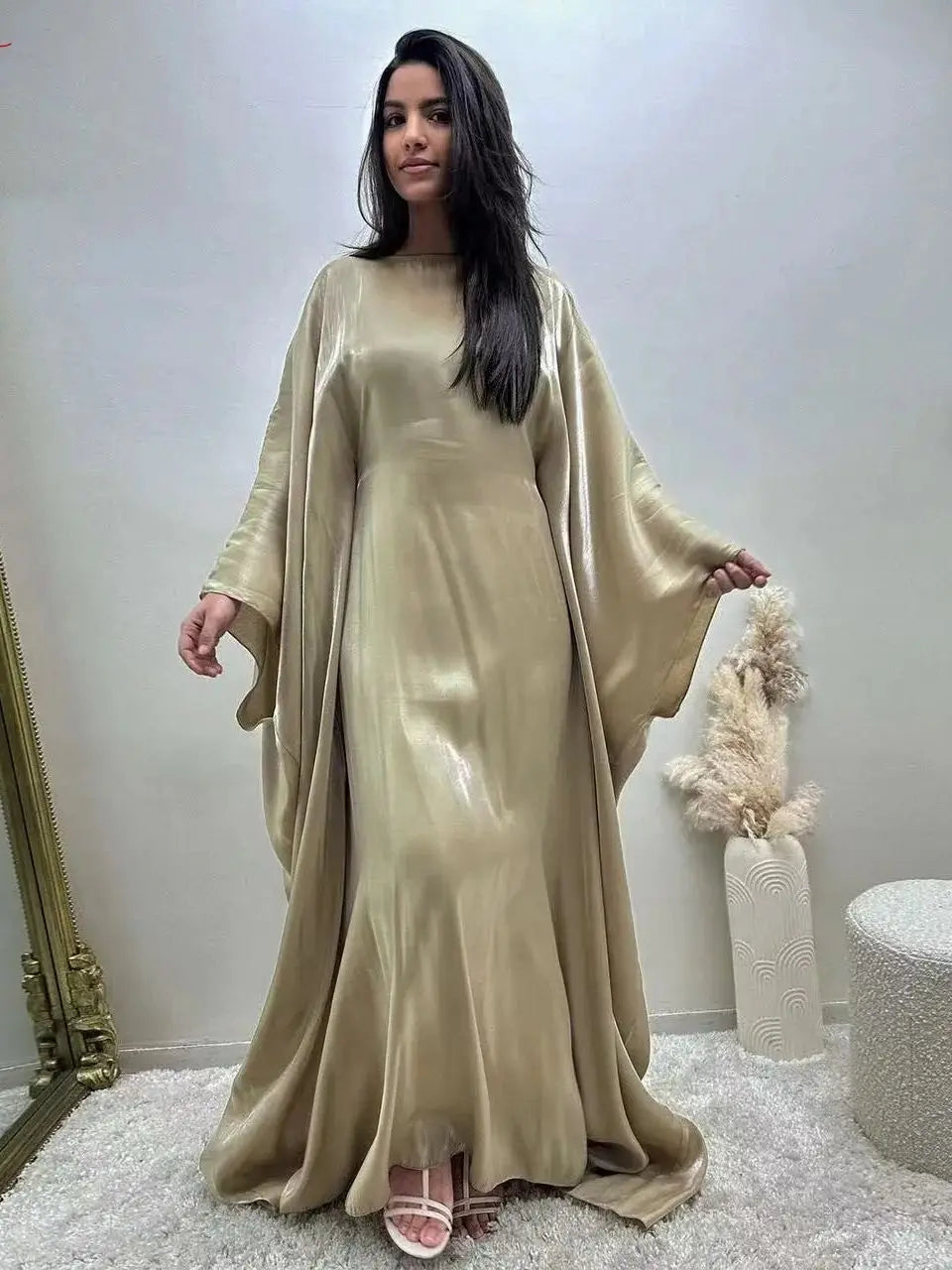 Fashion Shiny Bat sleeved Muslim Dress Robe Syari Female Full Length Butterflies Abaya Muslim Dress Worship Service Abaya wy2001 - Seprincess