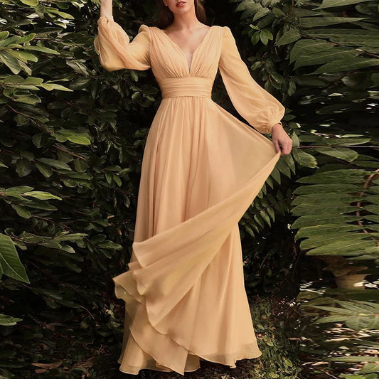 Elegant V-neck Swing Pleated A-line Dress All Match Gala Long Sleeve Party Dress Chiffon Party High Waist Solid Maxi Dress Women - Seprincess