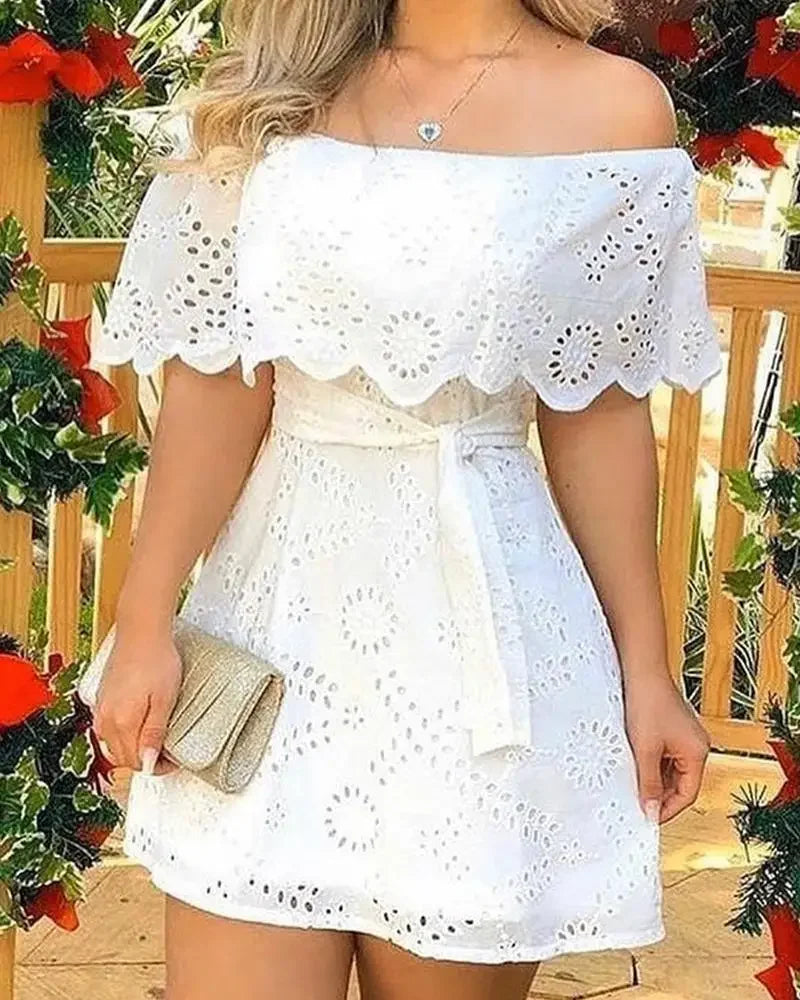 Summer Hollow Out White Dress Women 2023 New Fashion Off Shoulder Lace Up Mini Dress Fashion Lace Splicing Holiday Long Dresses - Seprincess