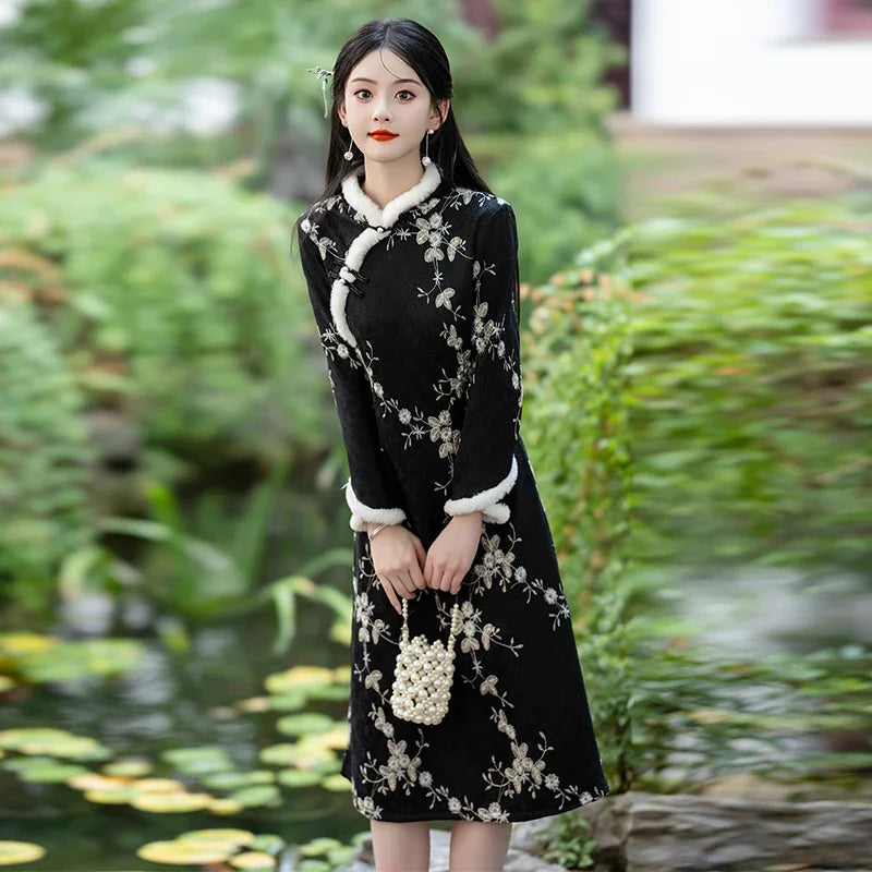 Fashion Chinese Style Traditional Fleece Thick Qipao Dress Winter New Printed Black Cheongsam for Women - Seprincess