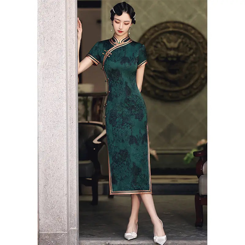 Chinese Vintage Cheongsam Republican Dark Green Improved Retro  Elegant Slim Long Dress Qipao Traditional Clothing for Women - Seprincess