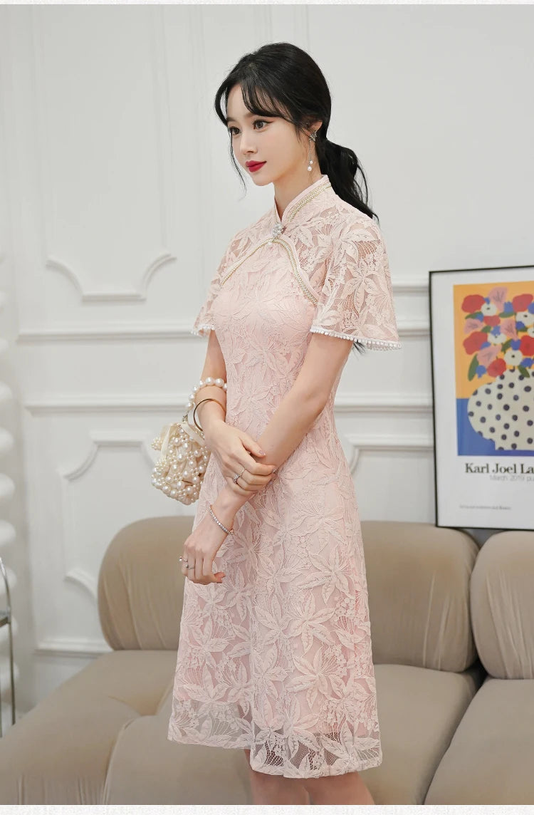 Chinese Traditiona Vintage Lace Improved Cheongsam Summer Short Sleeve Qipao Dress Modern Women Clothes - Seprincess