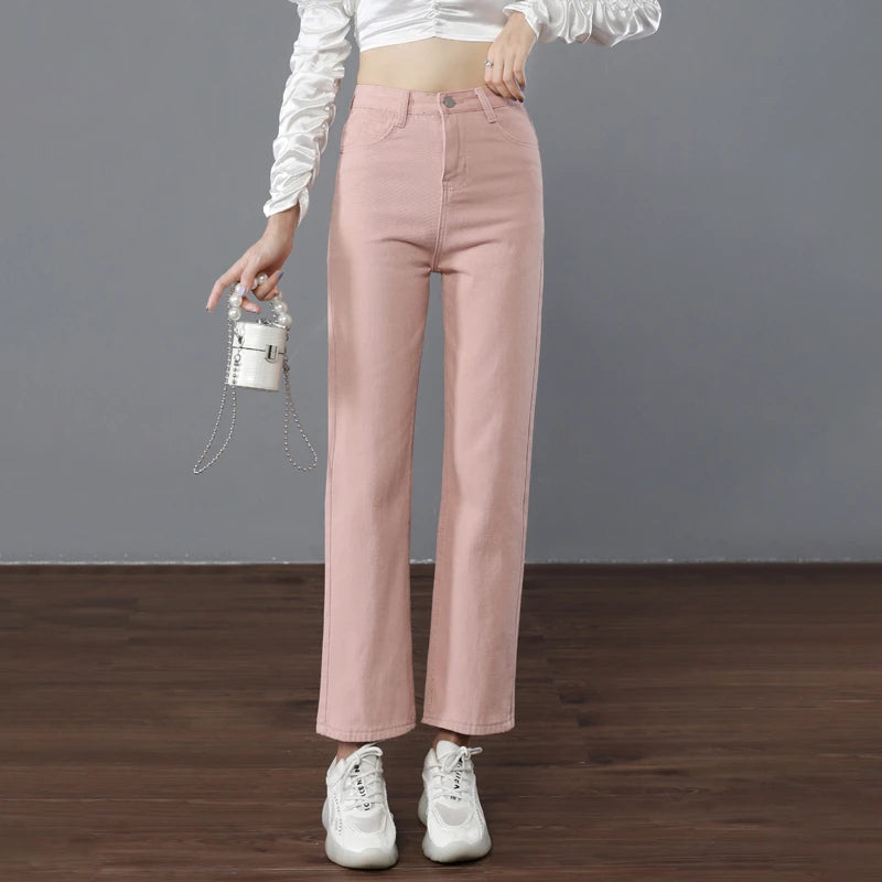 High Quality Korean Denim Jeans Women Straight Pants High Waist Thin White Pink Grey Green Trousers Ladies