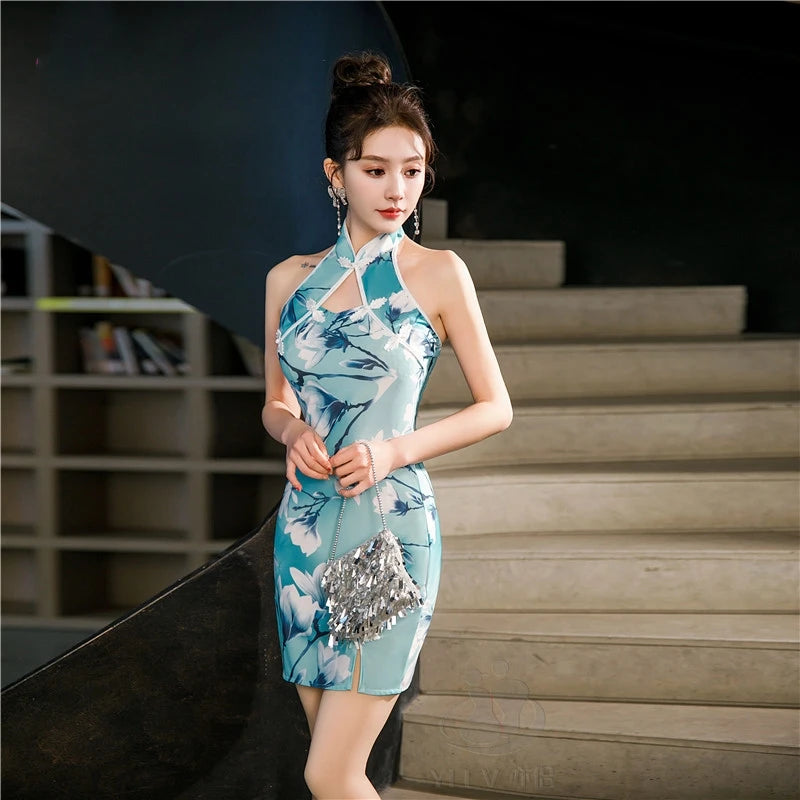 Sexy Halter Cheongsam Lady Split Qipao New Chinese Style Improved Dress Gown Satin Cheongsams Hollow Out Vestidos Bigsize 4Xl5Xl - Seprincess