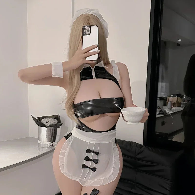 PU Leather Bondage Hollow Out Bra Miniskirt Set Maid Uniform Women Sexy Cosplay Lingerie Anime Devil Role Play Outfits Costume