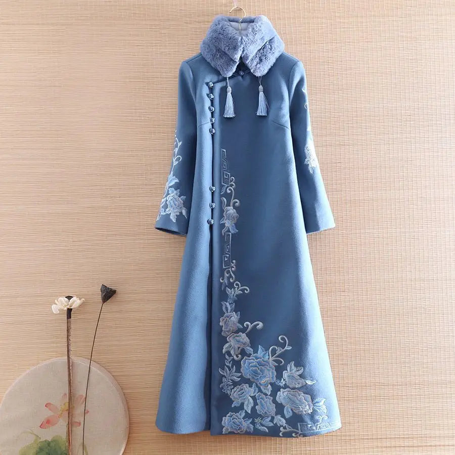 2024 chinese style improved qipao woolen dress autumn winter new improved women cheongsam dress daily floral hanfu dress - Seprincess