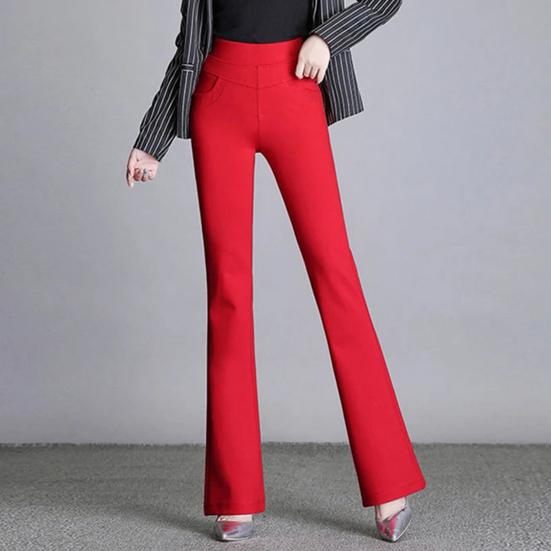 New Women's Autumn Spring Tight Flare Pants Red High Waist  Blue Elastic Band Trousers Fashion Casual Stretch Pants 6XL