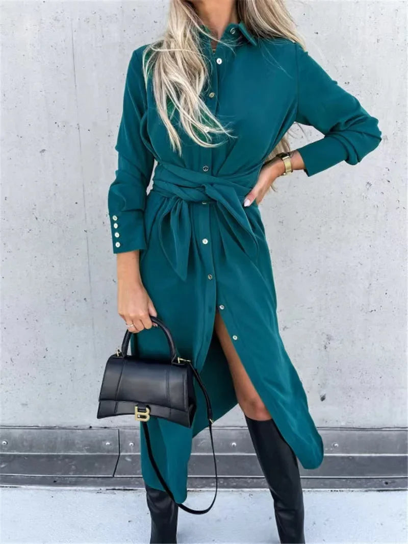 2024 Solid Long Sleeve Shirt Dress Women Lace up Single Breasted Beach Maxi Party Dresses Turn-down Collar Split Sash Vestidos - Seprincess