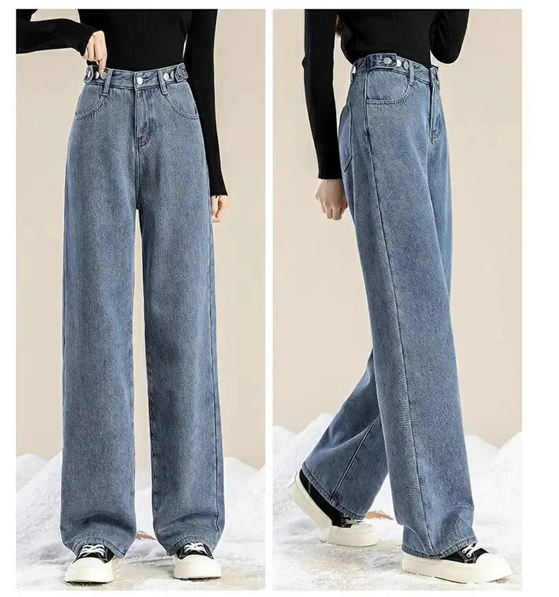 Thickened Fleece-Lined Warm Straight-Leg Jeans Design Adjustable High-Waisted Slimming Bell Bottoms Winter New Arrival