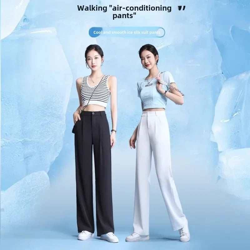 Plus Size High-waisted Thin Black Casual Trousers Women's Summer Ice Silk Bell Bottoms Straight-leg Pants For Ladies