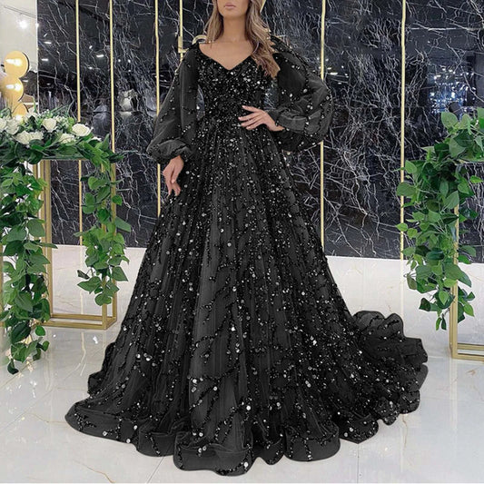 Elegant Long Dresses Women's Fashion Bead Back Zipper Chest Cushion Long Sleeve Evening Dress For Masquerade Party Robe Femme - Seprincess