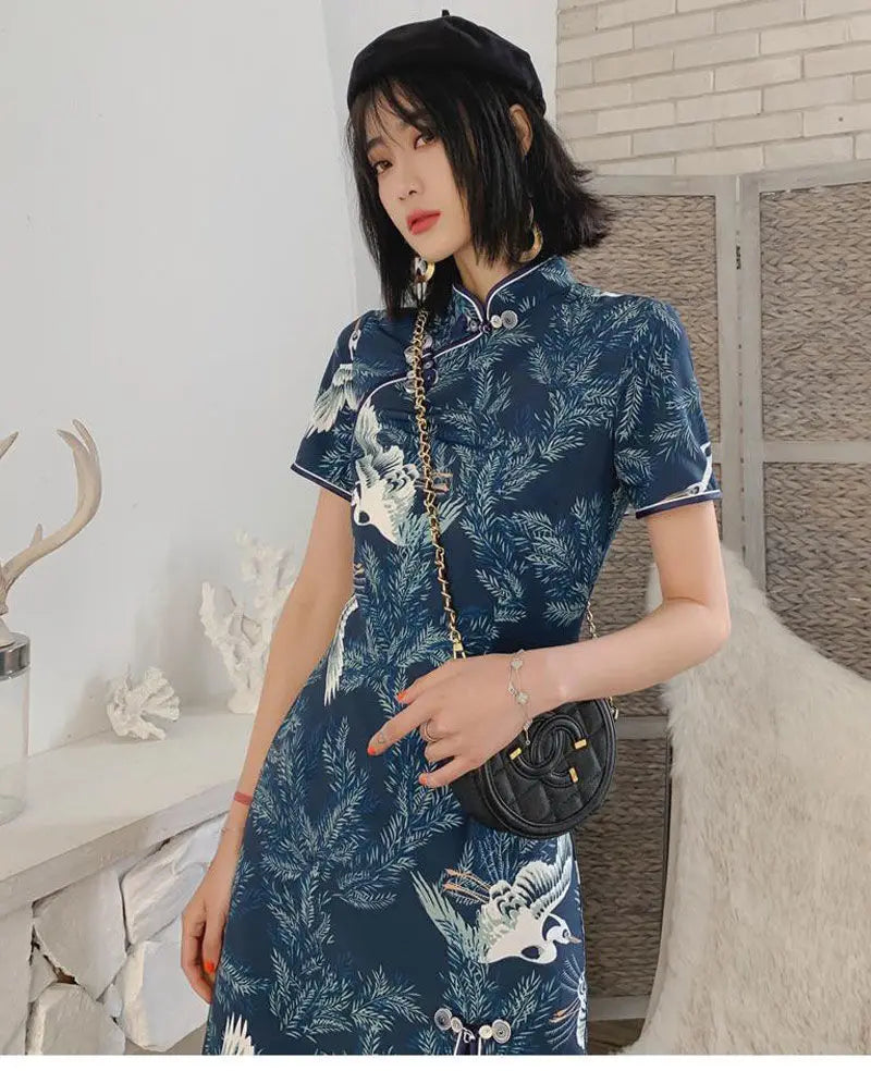 New Daily Improvement Cheongsam Dress 2024 Summer Short Sleeved Chinese Style Retro Young Style A-line Crane Print Dress Qipao - Seprincess