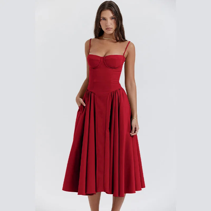 Sexy Solid Pleated Hem Sling Dress Women Fashion Midi Sleeveless Backless Dresses Female 2024 Summer Party Evening A-line Robes