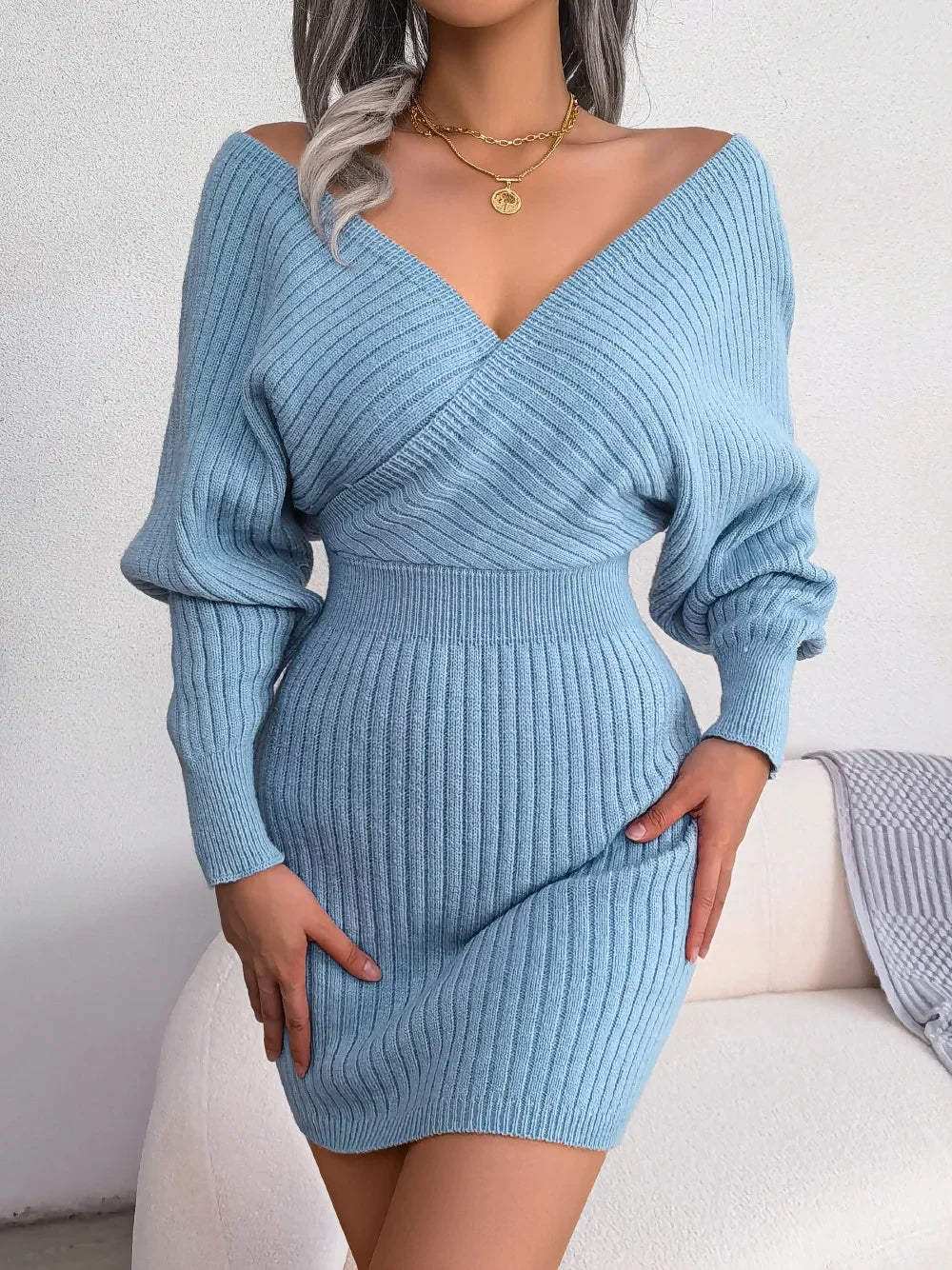 2024 New Spring Bodycon Sweater Dresses For Women Autumn Casual Long Sleeve Knitted Clothes White Green Blue Black Purple Dress - Seprincess