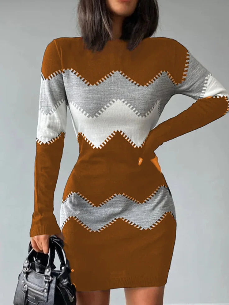 Elegant Women's Short Dress 2024 Spring Autumn Fashion Print Knitted Mini Dresses Tight Wrap Hip Long Sleeve Dress for Women - Seprincess