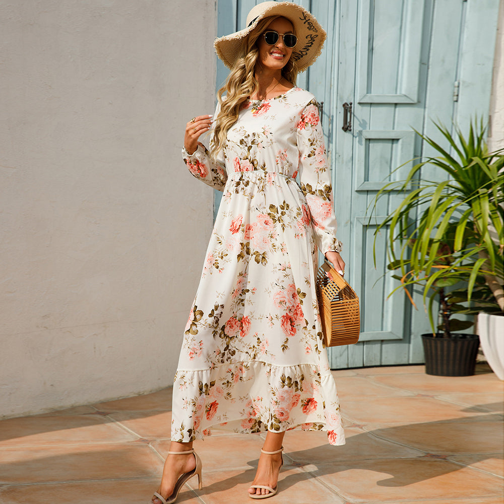 Women Maxi Dresses Sping Autumn Bohemian Casual Full Sleeve High Waist Beach Woman Chiffon Dresses Floral Vestidoes Long Dress - Seprincess