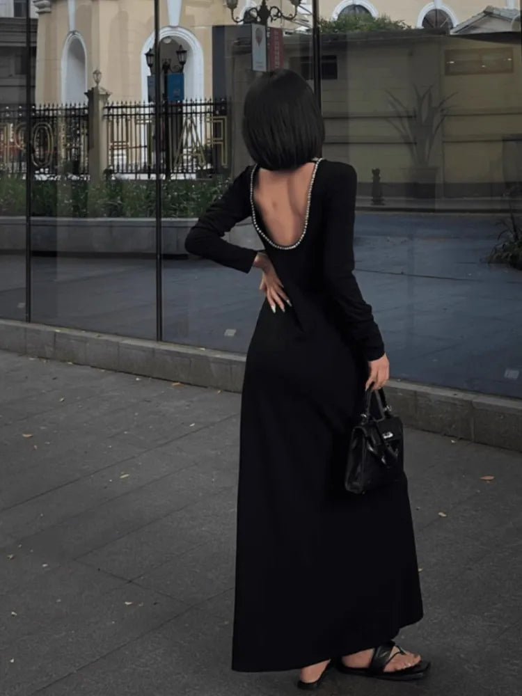 Black Design Backless Dress For Women's Autumn And Winter New Style, High-End Nail Bead Chic Elegant Dress - Seprincess