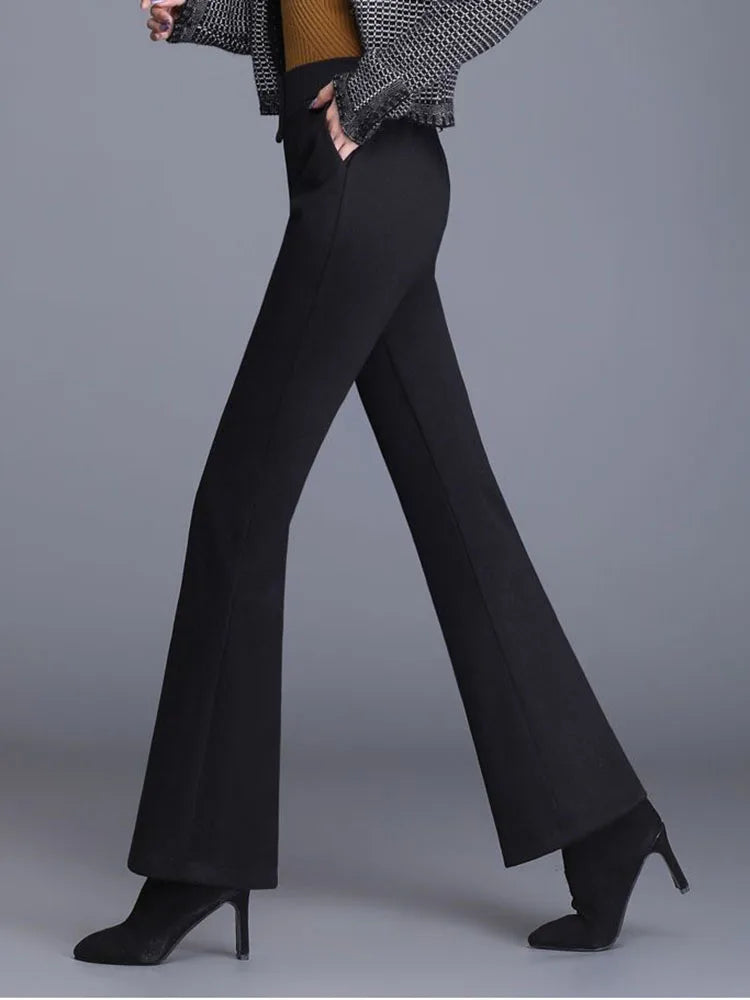 Winter Warm Slim Velvet Lined Flare Pants Women Elastic High Waist Thicken Woolen Wide Leg Pantalones Casual Wool Blend Calca