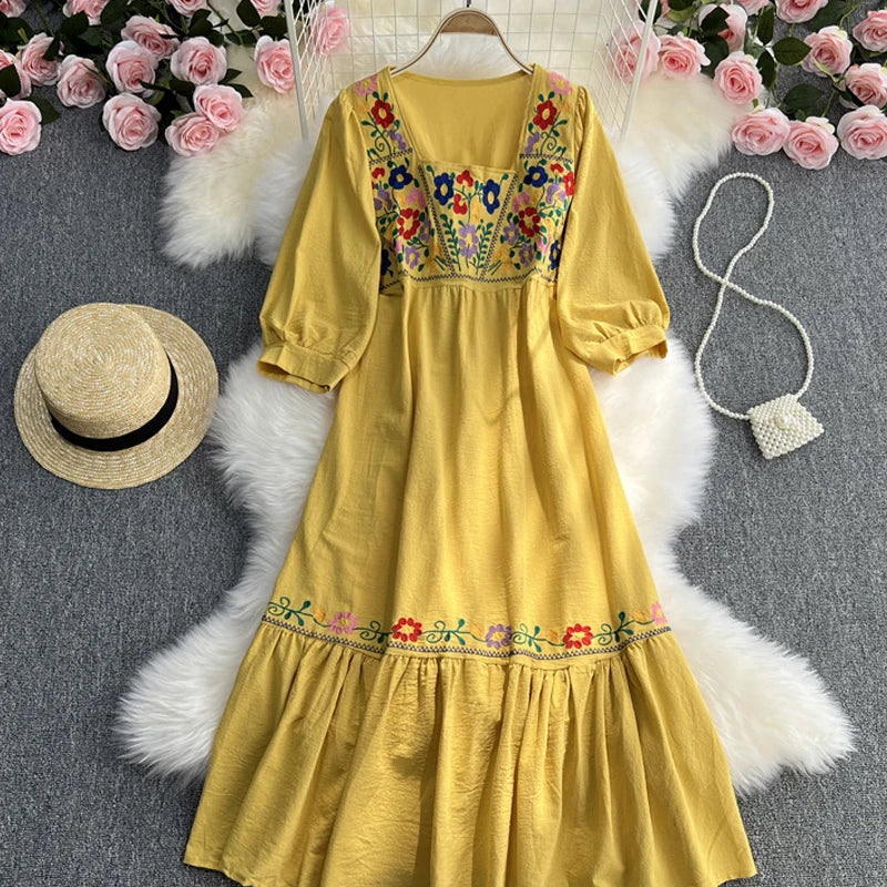 Spring/Summer Women's Travel Vacation Vintage Long Dress Bohemian Ethnic Style Embroidered Waist Tie up Cotton and Linen Dress ? - Seprincess