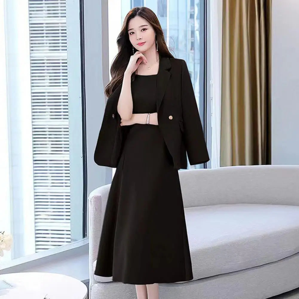 2Pcs Women Outfit Commute Trendy Office Lady Dress Coat Set Elegant Sling Style Coat Long Dress Suit Lady Business Skirt Suit - Seprincess