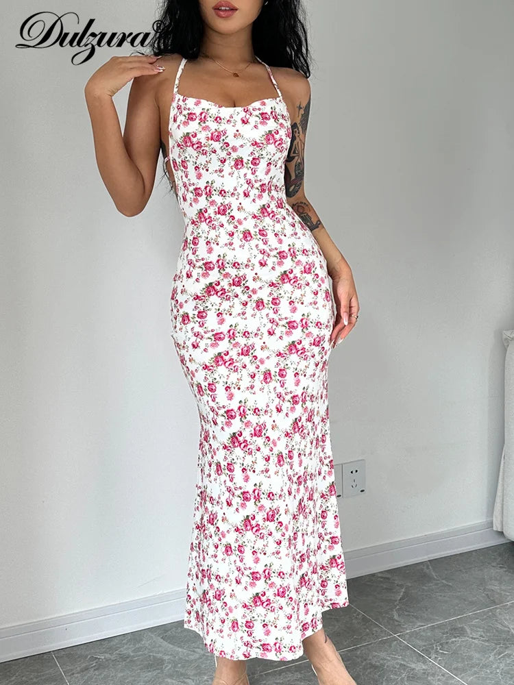 Dulzura Lace Up Halter Floral Long Dress For Women Backless Bodycon Midi Dress Sexy Party Club Outfit Streetwear Sundress Summer - Seprincess