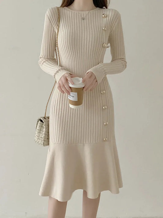 Autumn Warm Korean Fashion Woman Elegant Clothing Knitted Vintage Dresses Sweater Dress Femme Winter Vestido Feminino Thicken - Seprincess