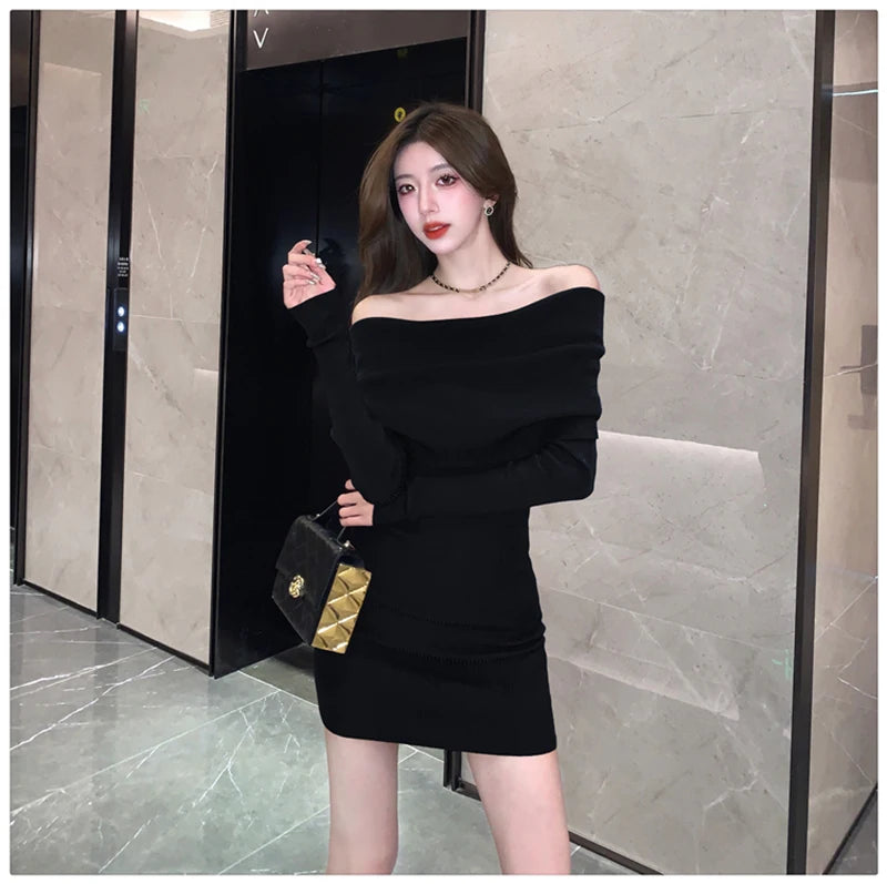 Sexy Slash Neck Mini Dress Women Vintage Elegant Black Wrap Sweater Dresses Winter Korean Red Off Shoulder Bodycon Vestidos New - Seprincess