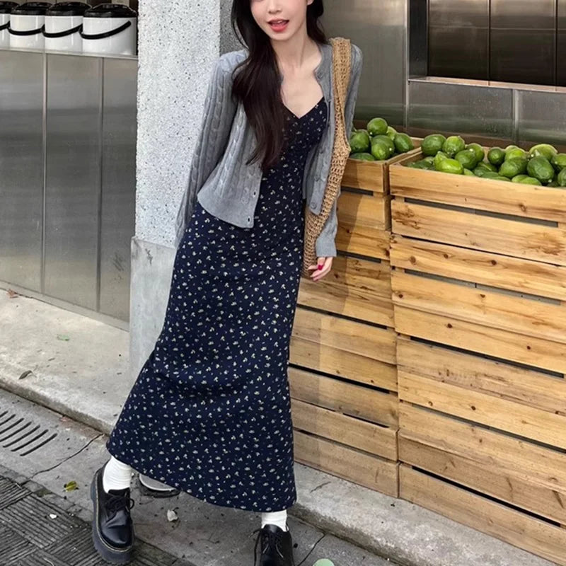 Summer Sweet Women Daily Streetwear Waist Dresses Lady Blue Suspender Floral Dress Female Vogue Off Shoulder Casual Long Dress - Seprincess