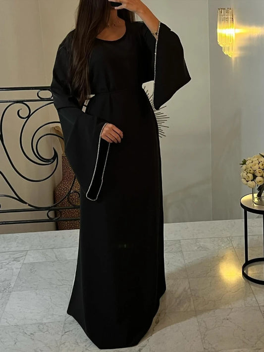 Eid Ramadan Party Dress for Women Muslim Abaya Diamond Flare Sleeve Long Dress Belt Morocco Kaftan Vestidos Dubai Robe Jalabiya - Seprincess