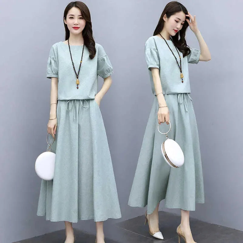 Cotton Linen Skirt Two-Piece Women's Summer 2024 New Set Slim Skirts Sleeve Suit Skirts Fashion 2PCS Temperament Female Outfit - Seprincess