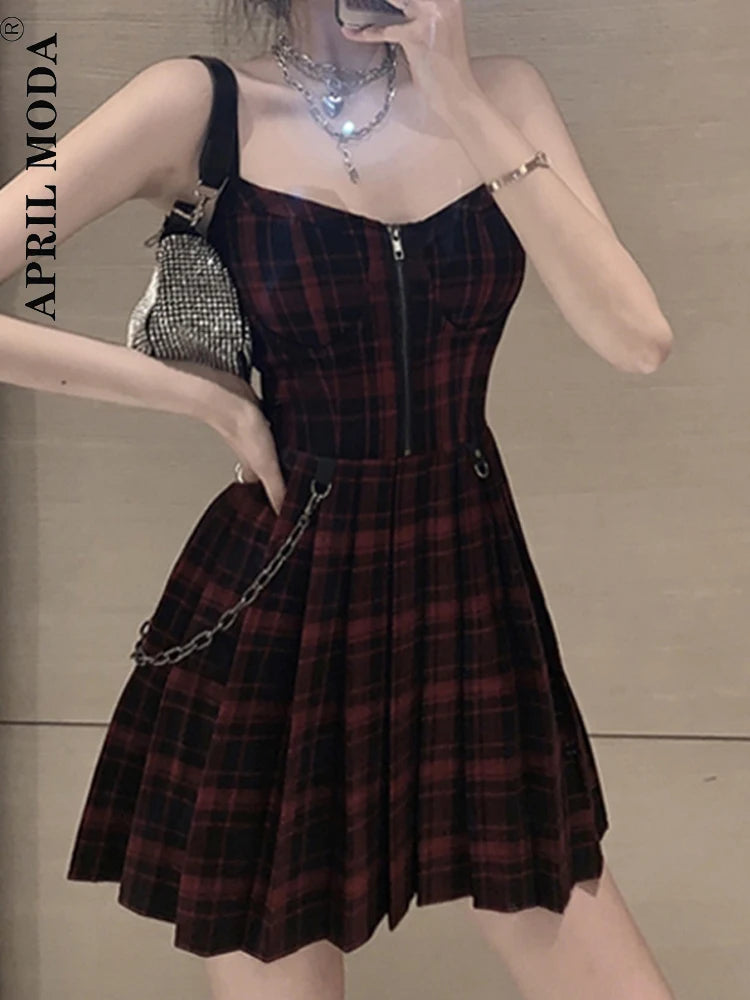 Gothic Girls Red Plaid Pleated Emo Alt Dress Y2K Zip Up Robe Femme Punk Black Spaghetti Strap Mini Short Jurken Goth Streetwear - Seprincess