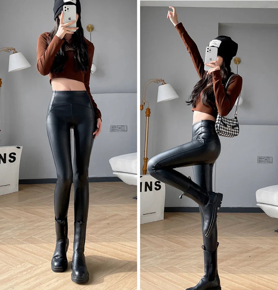 Autumn Winter Black High Waist Tights Stretch Soft Thin Fleece Leggings for Women Pants Sexy Slimming Pu Leather Leggings Women