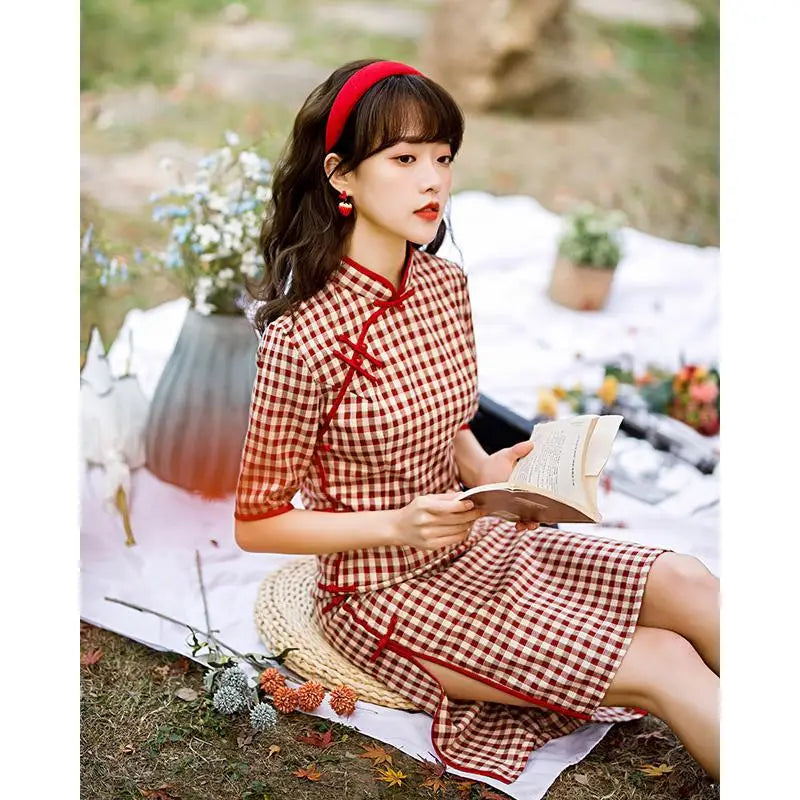 Plaid Cheongsam Young Girl 2024 Spring New Style Literary Elegant Retro Chinese Style Qipao Dress - Seprincess