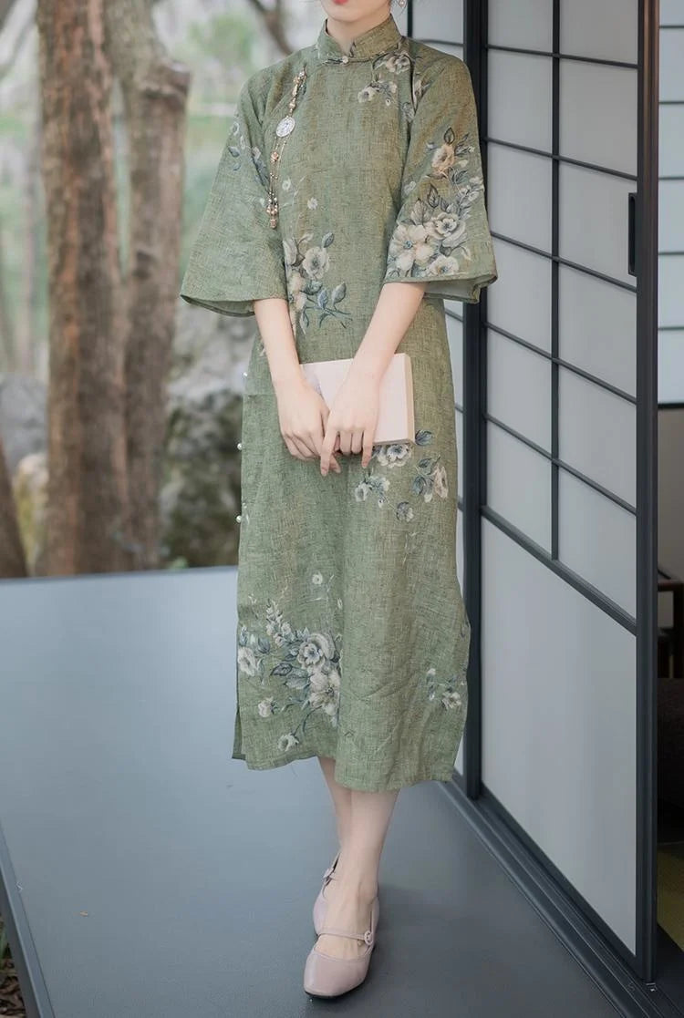 Retro Chinese Style Hanfu 2024 Spring And Summer New Linen Print Middle Sleeve Loose Cheongsam Thin Long Dress - Seprincess