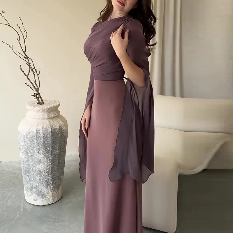 Fashion Satin Solid Robe Dress Ladies Temperament O-neck Slim Evening Dress Elegant Batwing Sleeves High Waist Pleats Long Dress - Seprincess